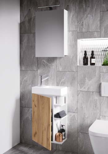 VCM NORDIC Lumia 3-teilig Gästewaschtisch, m. Spiegelschrank, Waschtisch, 1 Tür, 2 Ablagen - Weiß/Naturholz