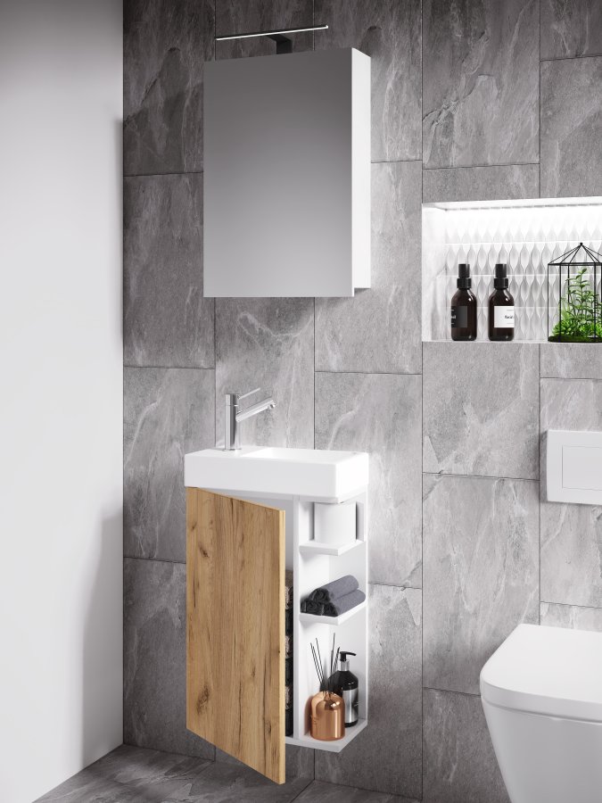 VCM NORDIC Lumia 3-teilig Gästewaschtisch, m. Spiegelschrank, Waschtisch, 1 Tür, 2 Ablagen - Weiß/Naturholz