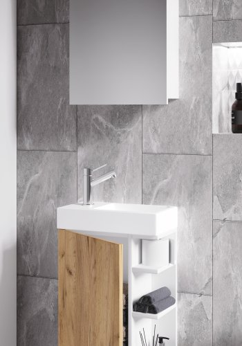 VCM NORDIC Lumia 3-teilig Gästewaschtisch, m. Spiegelschrank, Waschtisch, 1 Tür, 2 Ablagen - Weiß/Naturholz