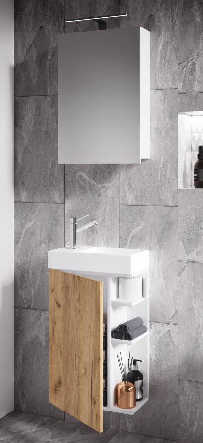 VCM NORDIC Lumia 3-teilig Gästewaschtisch, m. Spiegelschrank, Waschtisch, 1 Tür, 2 Ablagen - Weiß/Naturholz