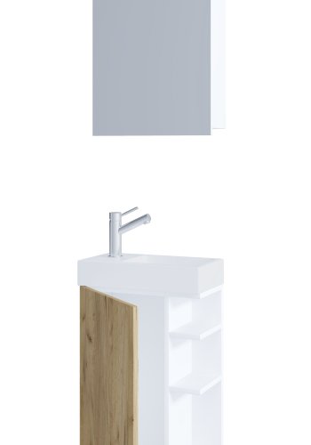 VCM NORDIC Lumia 3-teilig Gästewaschtisch, m. Spiegelschrank, Waschtisch, 1 Tür, 2 Ablagen - Weiß/Naturholz