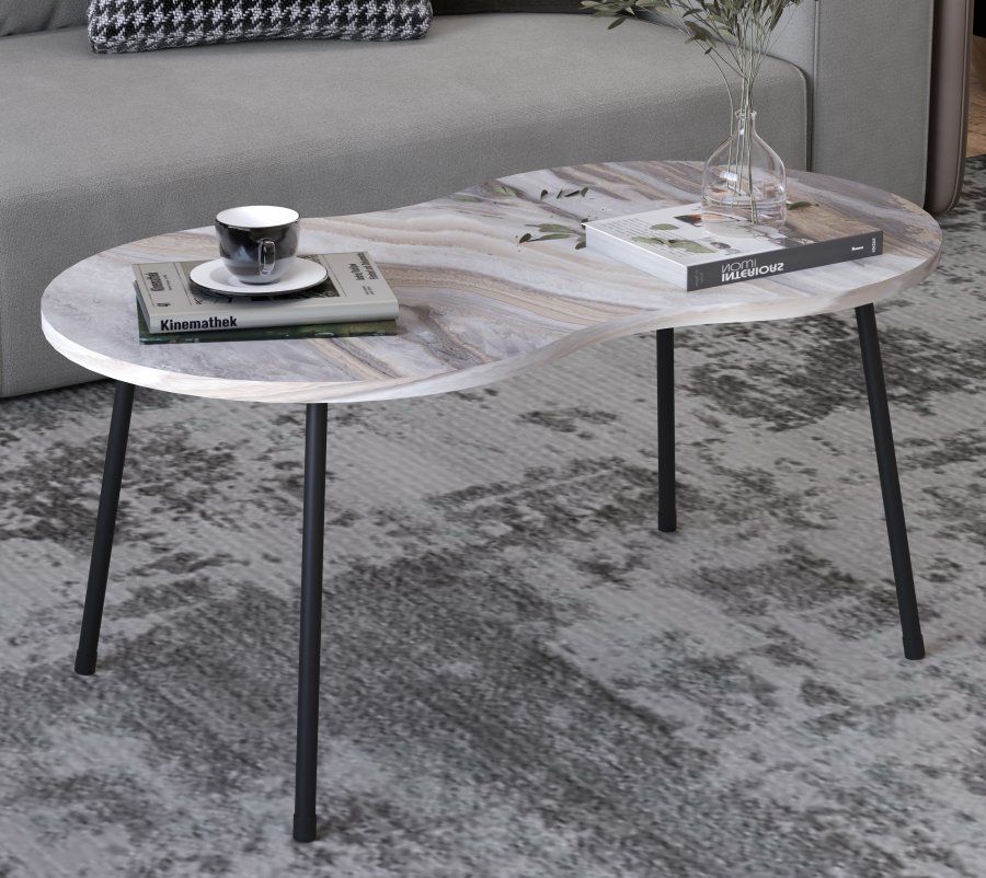 VCM NORDIC Mirola Couchtisch, mit abgerundeten Kanten – Holz in weißer Marmoroptik (90x41)