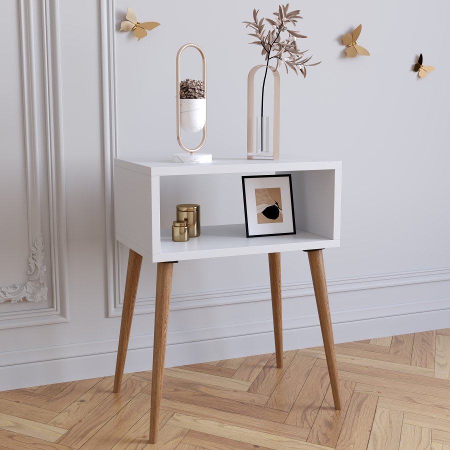 VCM NORDIC Singol M nattbord, m. 1 pent rom - hvitt og naturlig tre (45x30)