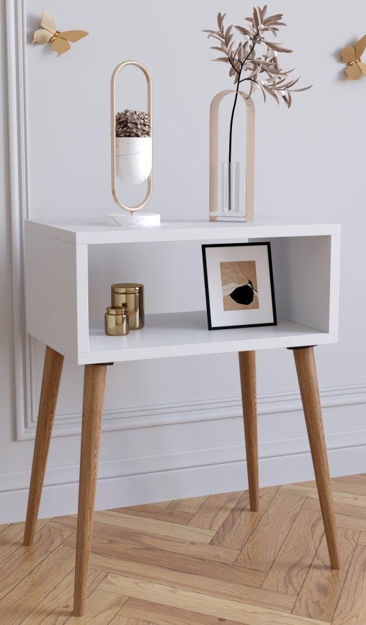 VCM NORDIC Singol M nattbord, m. 1 pent rom - hvitt og naturlig tre (45x30)