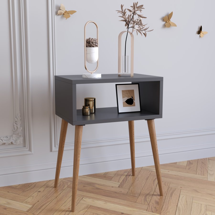 VCM NORDIC Singol M nattbord, m. 1 pent rom - antrasittgr og naturlig tre (45x30)