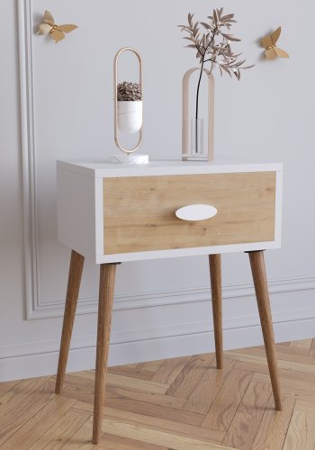 VCM NORDIC Singol L Nachttisch, m. 1 Schublade - Weiß und Naturholz (44,5x30)