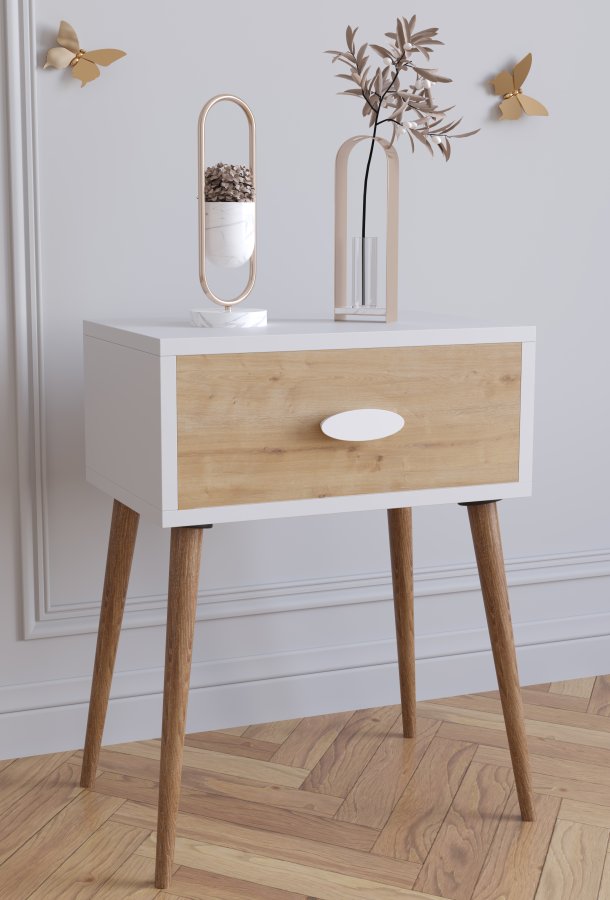 VCM NORDIC Singol L Nachttisch, m. 1 Schublade - Weiß und Naturholz (44,5x30)