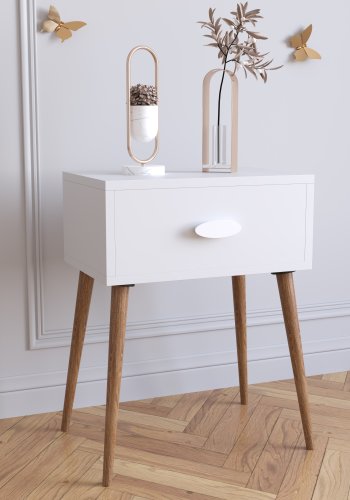 VCM NORDIC Singol L nattbord, m. 1 skuff - hvit og naturlig tre (44,5x30)