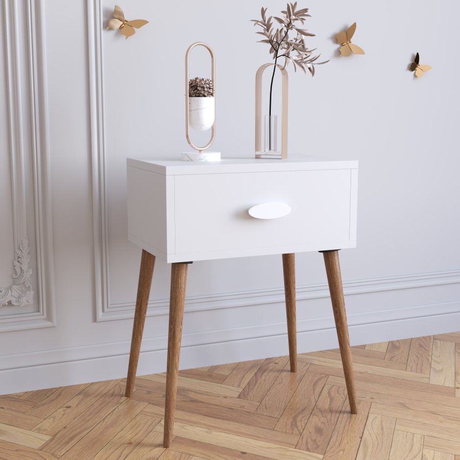 VCM NORDIC Singol L nattbord, m. 1 skuff - hvit og naturlig tre (44,5x30)