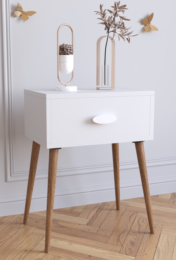 VCM NORDIC Singol L nattbord, m. 1 skuff - hvit og naturlig tre (44,5x30)