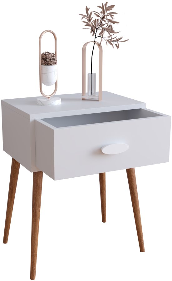 VCM NORDIC Singol L nattbord, m. 1 skuff - hvit og naturlig tre (44,5x30)