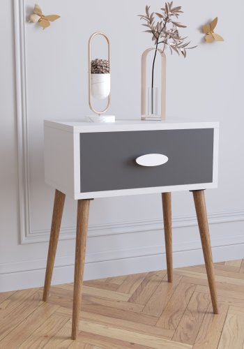 VCM NORDIC Singol L Nachttisch, m. 1 Schublade - Weiß, Natur, Anthrazitgrau Holz (44,5x30)