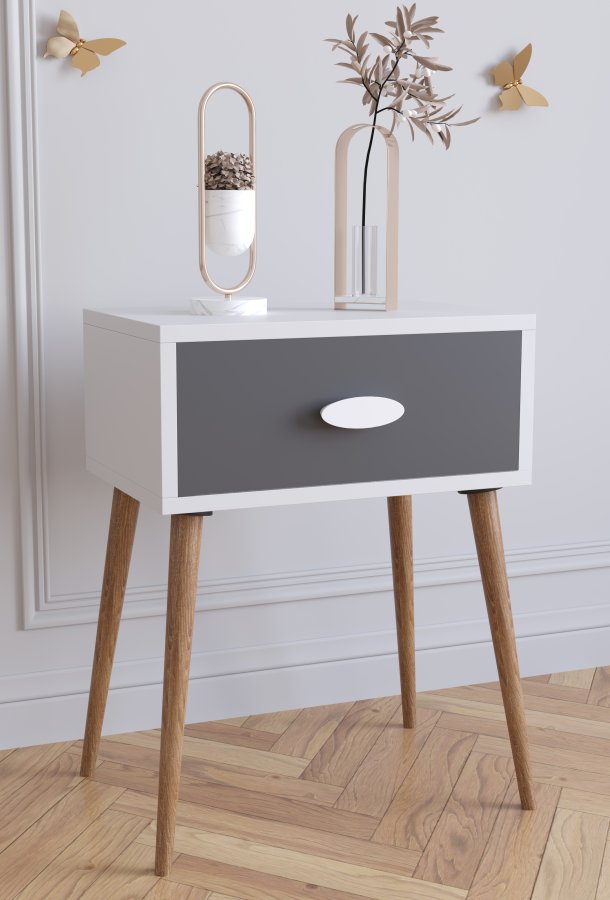 VCM NORDIC Singol L Nachttisch, m. 1 Schublade - Weiß, Natur, Anthrazitgrau Holz (44,5x30)