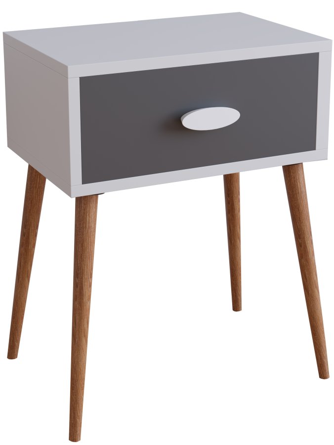 VCM NORDIC Singol L Nachttisch, m. 1 Schublade - Weiß, Natur, Anthrazitgrau Holz (44,5x30)