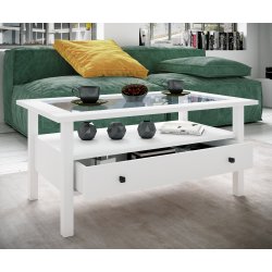 Lingis L sofabord, m. 1 skuffe - glas og hvid tr (90x53,5)