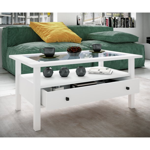 Lingis L sofabord, m. 1 skuffe - glas og hvid tr (90x53,5)