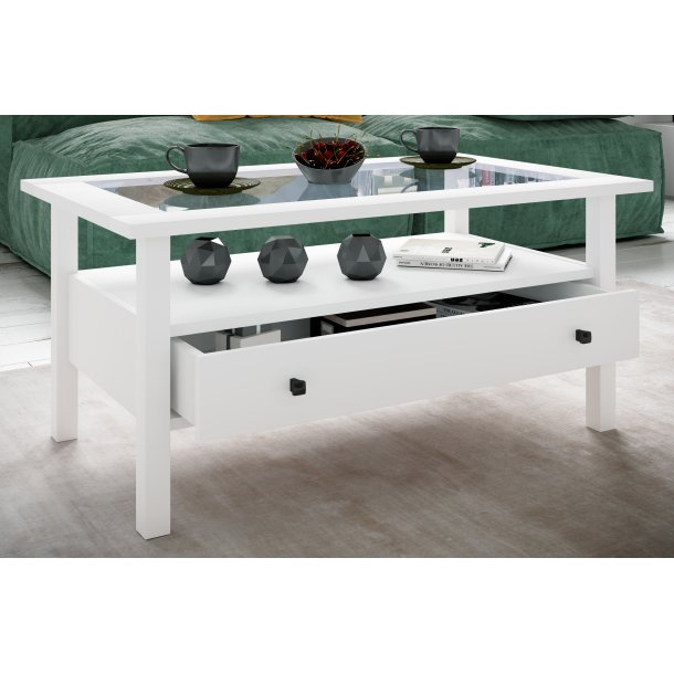 Lingis L sofabord, m. 1 skuffe - glas og hvid tr (90x53,5)