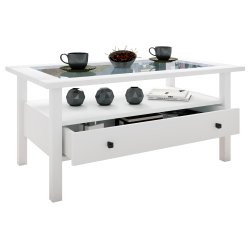 Lingis L sofabord, m. 1 skuffe - glas og hvid tr (90x53,5)