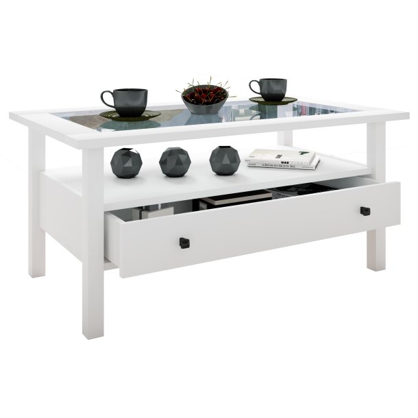 Lingis L sofabord, m. 1 skuffe - glas og hvid tr (90x53,5)