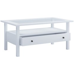 Lingis L sofabord, m. 1 skuffe - glas og hvid tr (90x53,5)