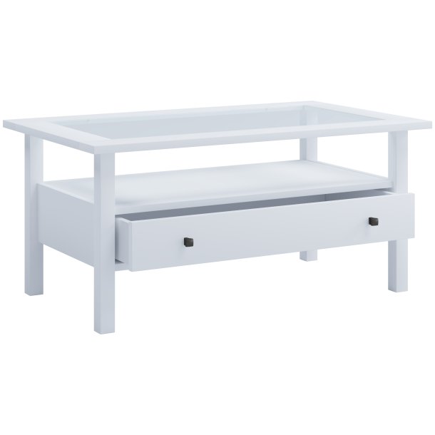 Lingis L sofabord, m. 1 skuffe - glas og hvid tr (90x53,5)