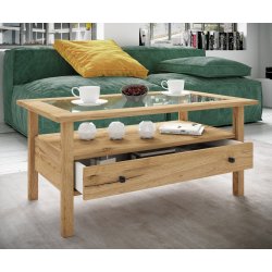 Lingis L sofabord, m. 1 skuffe - glas og natur tr (90x53,5)