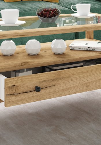 VCM NORDIC Lingis L Couchtisch, m. 1 Schublade - Glas und Naturholz (90x53,5)