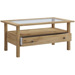 Lingis L sofabord, m. 1 skuffe - glas og natur tr (90x53,5)