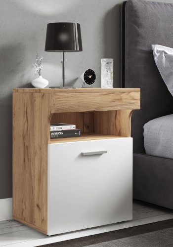 VCM NORDIC Slepal M Nachttisch, m. 1 Tür, 1 Fach, 1 Ablage - Weiß und Naturholz (45x39)