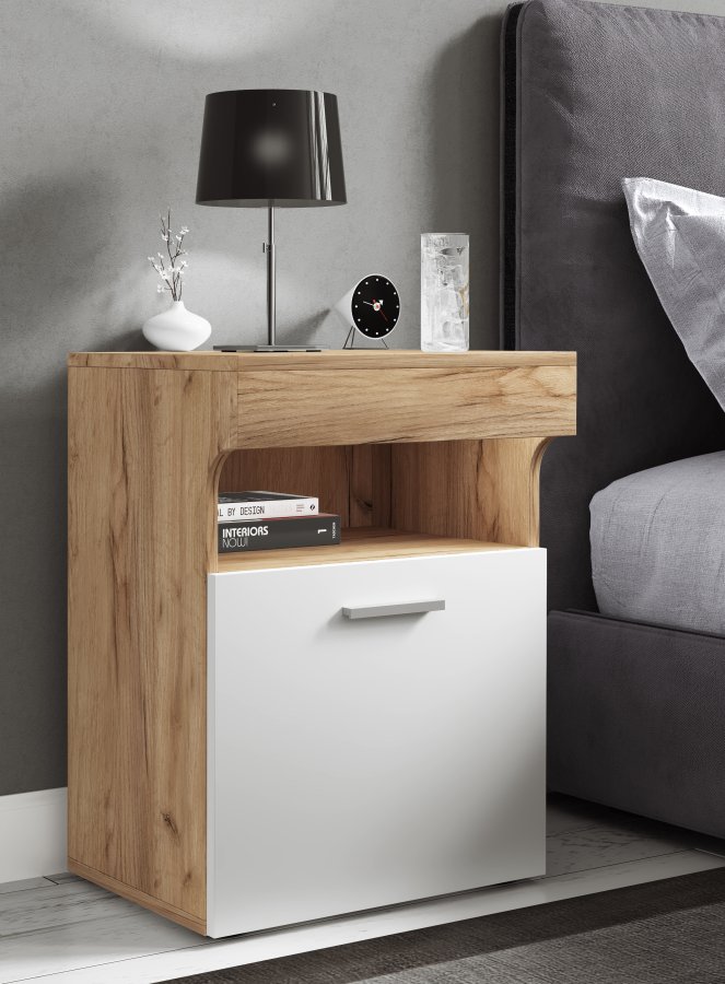 VCM NORDIC Slepal M Nachttisch, m. 1 Tür, 1 Fach, 1 Ablage - Weiß und Naturholz (45x39)