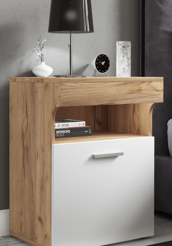 VCM NORDIC Slepal M Nachttisch, m. 1 Tür, 1 Fach, 1 Ablage - Weiß und Naturholz (45x39)