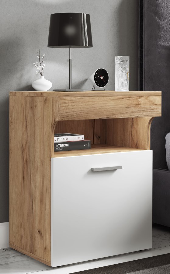 VCM NORDIC Slepal M Nachttisch, m. 1 Tür, 1 Fach, 1 Ablage - Weiß und Naturholz (45x39)