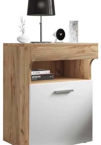 VCM NORDIC Slepal M Nachttisch, m. 1 Tür, 1 Fach, 1 Ablage - Weiß und Naturholz (45x39)