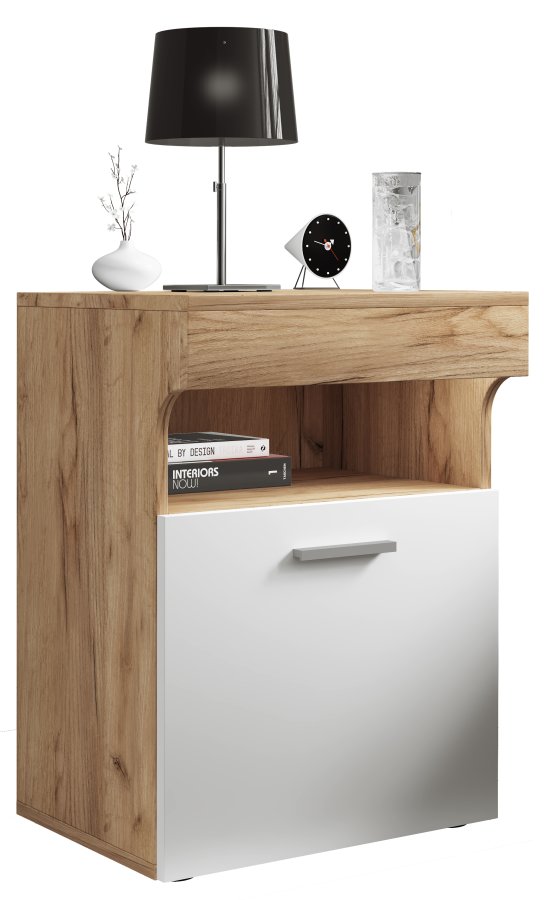 VCM NORDIC Slepal M Nachttisch, m. 1 Tür, 1 Fach, 1 Ablage - Weiß und Naturholz (45x39)