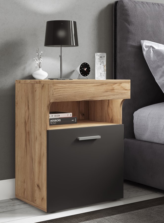 VCM NORDIC Slepal M nattbord, m. 1 dr, 1 rom, 1 hylle - hvit, naturlig, antrasittgr tre (45x39)