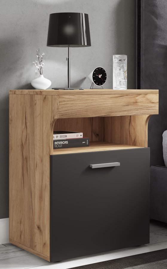 VCM NORDIC Slepal M nattbord, m. 1 dr, 1 rom, 1 hylle - hvit, naturlig, antrasittgr tre (45x39)