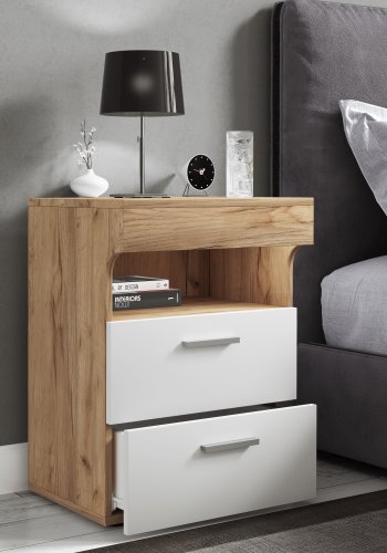 VCM NORDIC Slepal L nattbord, m. 1 rom, 2 skuffer - hvitt og naturlig tre (45x39)
