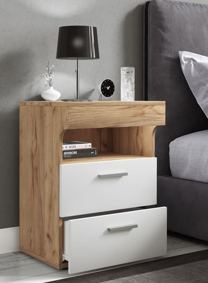 VCM NORDIC Slepal L nattbord, m. 1 rom, 2 skuffer - hvitt og naturlig tre (45x39)