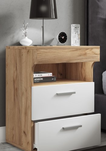 VCM NORDIC Slepal L nattbord, m. 1 rom, 2 skuffer - hvitt og naturlig tre (45x39)