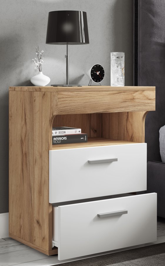 VCM NORDIC Slepal L nattbord, m. 1 rom, 2 skuffer - hvitt og naturlig tre (45x39)