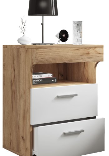 VCM NORDIC Slepal L nattbord, m. 1 rom, 2 skuffer - hvitt og naturlig tre (45x39)