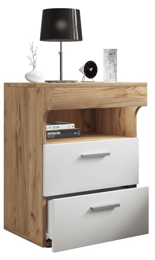 VCM NORDIC Slepal L nattbord, m. 1 rom, 2 skuffer - hvitt og naturlig tre (45x39)