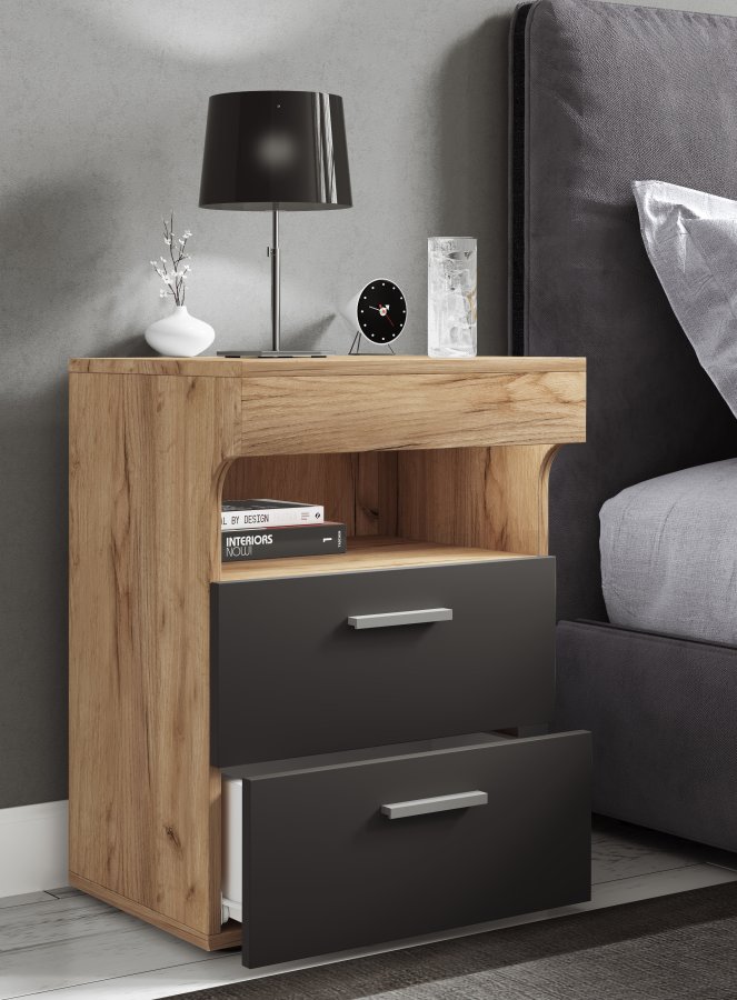 VCM NORDIC Slepal L Nachttisch, m. 1 Fach, 2 Schubladen - Weiß und Naturholz (45x39)