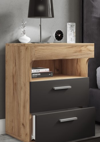 VCM NORDIC Slepal L Nachttisch, m. 1 Fach, 2 Schubladen - Weiß und Naturholz (45x39)