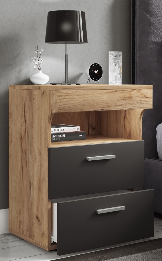 VCM NORDIC Slepal L Nachttisch, m. 1 Fach, 2 Schubladen - Weiß und Naturholz (45x39)