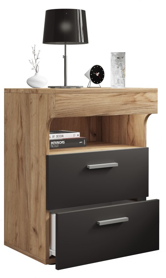 VCM NORDIC Slepal L Nachttisch, m. 1 Fach, 2 Schubladen - Weiß und Naturholz (45x39)