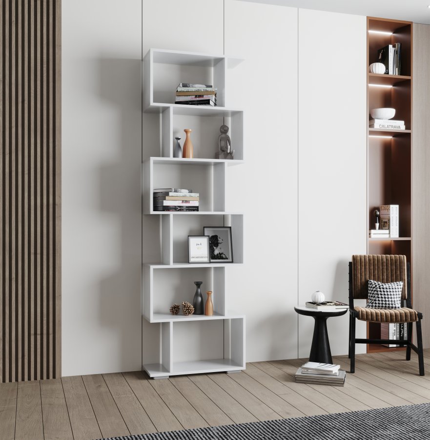 VCM NORDIC Palusa L reol, m. 6 rom - hvitt tre (H: 196,1 cm x 60 cm x 23,8 cm)