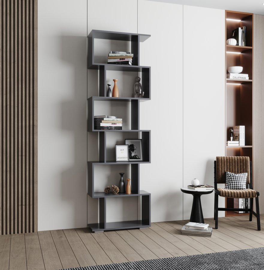 VCM NORDIC Palusa L reol, m. 6 rom - antrasittgr tre (H: 196,1 cm x 60 cm x 23,8 cm)