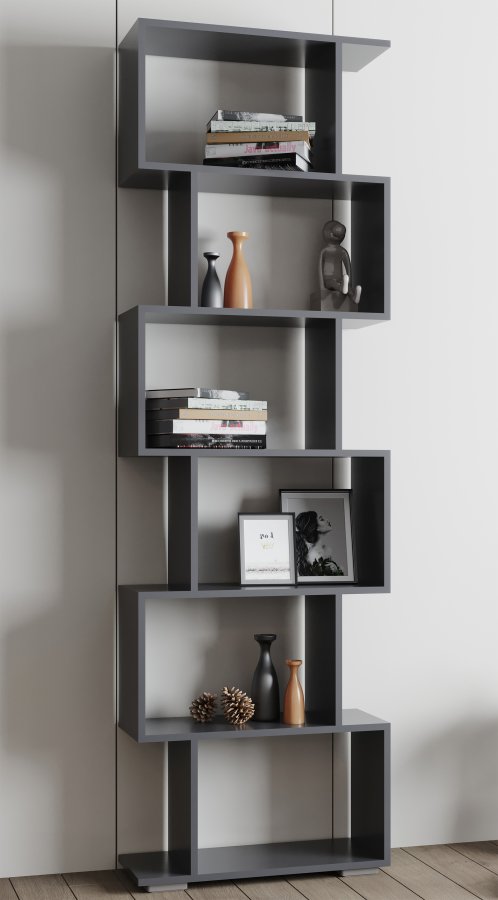 VCM NORDIC Palusa L reol, m. 6 rom - antrasittgr tre (H: 196,1 cm x 60 cm x 23,8 cm)