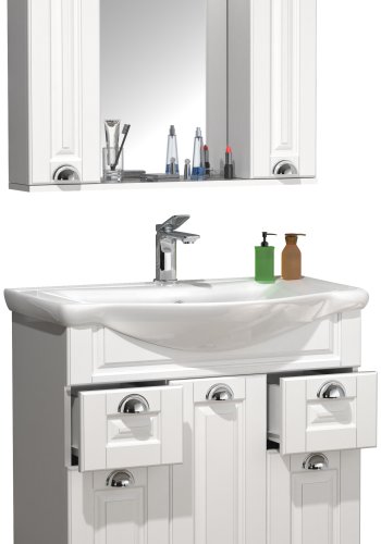 VCM NORDIC Casalo XL 3-teiliger Waschtisch, mit Spiegelschrank, Waschbecken, 5 Türen, 2 Schubladen - Melamin weiß